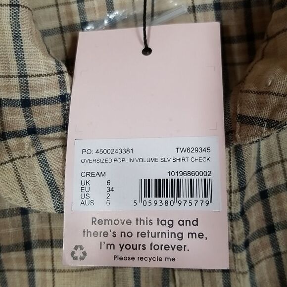 Missguided Blouse Women's Size 2 Button Up Long Puff Sleeve Plaid Tan Black - Picture 12 of 12